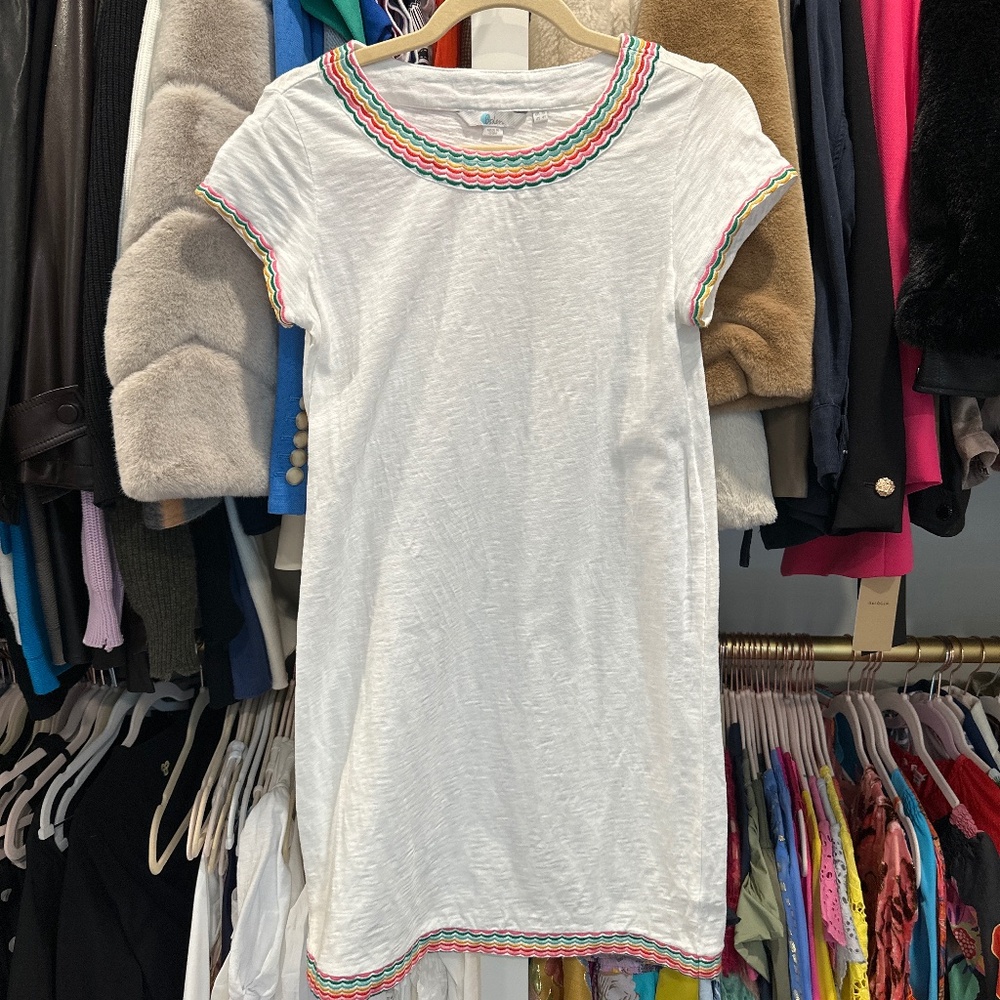 Boden White Mini Dress with Rainbow Trim